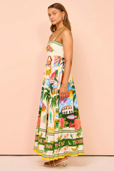 Vacation Mixed Print A-Line Spaghetti Strap Flowy Maxi Dresses-Beige